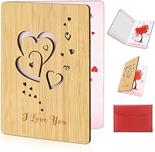 HOWAF Heart Card Handmade Wood Anniversary Greeting Card Love You Card with Envelope Valentine's Gift Card for Him, Her, Boyfriend, Girlfriend, Husband, Wife, Couple, Mum, Birthdays, Weddings