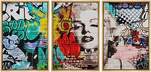 wall26 Framed Canvas Print Wall Art Set Urban High Contrast Marilyn Monroe Portrait Graffiti & Street Art People Illustrations Pop Art Colorful for Living Room, Bedroom, Office - 16"" x24 x3 Natural