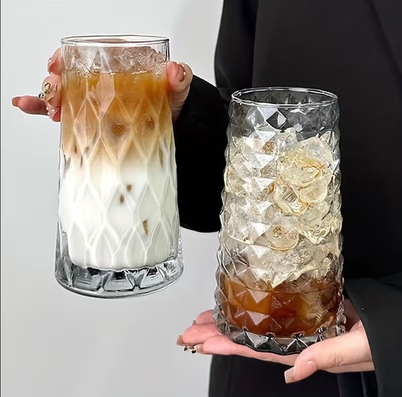 Image of Premium 450ML Water - Juice Glasses Drinking Glasses Set of 4, Highball Lead-Free Glasses, Tumblers for Water, Juice, Beer, Cocktail and Mixed Drinks (Daimond Cut Glass - A, Set of 4)