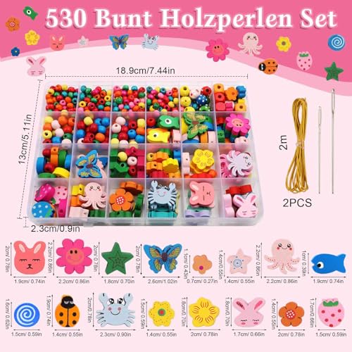 Holzperlen zum Auffädeln Kinder 530 Stk,Bunt Blumen&Tiere Perlen,mit Schnur – Ansicht 2