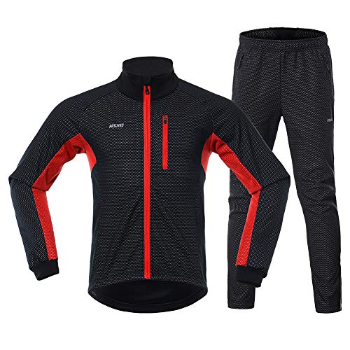 GITVIENAR Fahrrad Trikot Set Winter, Radjacke +Lange Radhose Wasserdicht Winddicht Atmungsaktiv Reflektierend Warm Fleece Fahrradbekleidung Set Radtrikot Herren Damen (Rot, XL) Cover