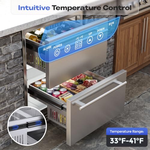 Image of Coolake 24″ Outdoor Drawer Refrigerator for Patio, 5.3 Cu.ft Under Counter Drawer Beverage Cooler, Stainless Steel Built-in or Freestanding Beverage Fridge for Backyard Kitchen Home Bar