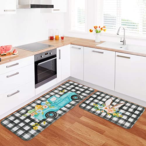 Aspmiz 2 Pcs Happy Easter Kitchen Mats, Black White Buffalo Plaid Kitchen Rug Set, Bunny Truck Kitchen Mats Washable, Anti Fatigue Kitchen Mat For Easter Home Kitchen Decor, 17'' X 47'' + 17'' X 30'' #TOP1