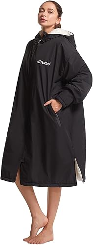 Miniatura 6 de Hiturbo Warm Waterproof Swim Parka: Oversized Hooded Changing Robe - Sherpa Liner Swimming Coat - Recycled Fabric Surf Poncho Black
