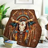 bqsjduidnc Azteken-Fleece-Überwurfdecke, Longhorn mit Federmuster, Geschenke für Damen, Herren, Erwachsene, Kinder, gemütlich, leicht, für Sofa, Bett, Picknick, für alle Jahreszeiten, 152,4 x 127 cm