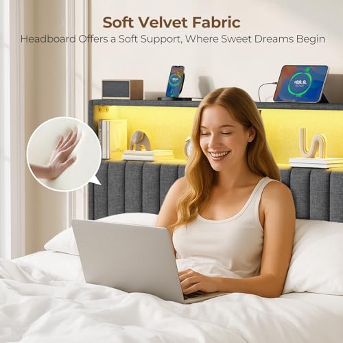 Rolanstar Headboard for Twin Size Bed with Storage, Head Board with USB & Type C Port, 60,000 DIY Color of LED Light, Velvet Upholstered, Height Adjustable, Sturdy, Easy Assembly, Grey by Rolanstar - Image 3