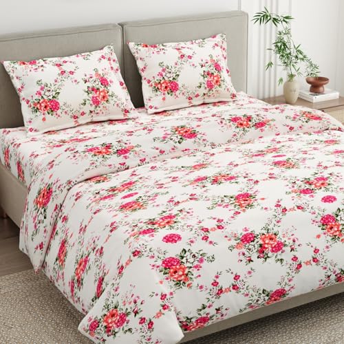 Image of Haus & kinder Double Bedsheet for Queen Size Bed | 90 x 100 Inches 144 TC Cotton Bedsheet for Double Bed with 2 Pillow Covers - Greek Garden