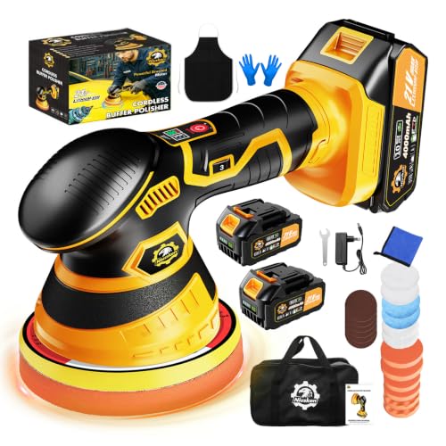 Image of Cordless Car Buffer Polisher kit, DA Polisher with 2 Batteries | 2x 21V 4000mAh Batteries, 6-speed, LED Display, Random Orbital, 18 pcs Assorted Polishing Pads for Car Detailing-Yellow