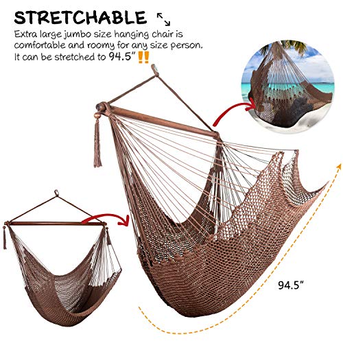 Caribbean Hammock Swing Chair With Spreader Bar, Large Hammock Chair, Hand Craft Rope Hanging Chair Outdoor, Indoor, Bedroom, 330 Lbs Weight Capacity, Dark Brown #TOP3