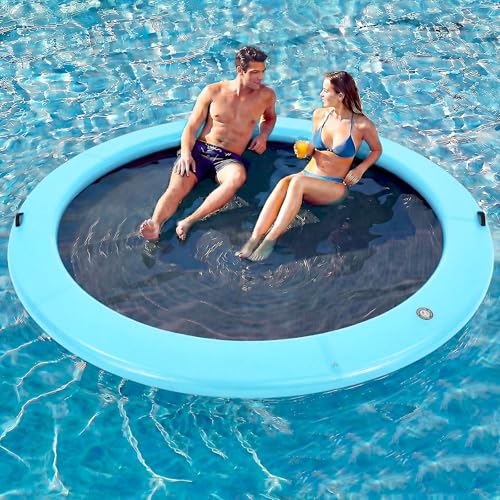 Danrelax 12' Round Inflatable Floating Dock, Sunchill Float Ring, Hammock Tanning Pool with 4in Woven Fabric, Manual Pump for 1-2 Min Quick Inflate/Deflate, Fits 2-8, Ideal for Lakes, Pools, Oceans by Danrelax - Used condition - US$193.24