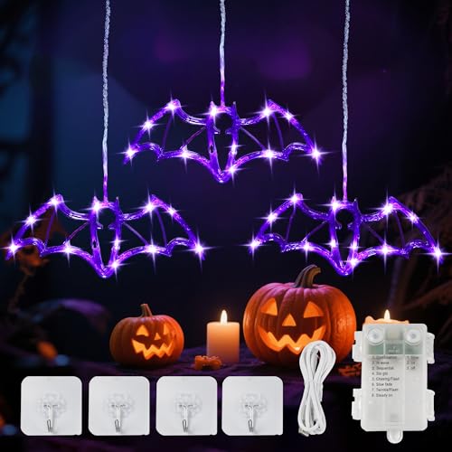 YOUNGAR Halloween Bat Window Lights 5FT 36 LED Battery/USB Powered with Timer Waterproof with 8 Modes Memory for Home Bedroom Birthday Party Indoor Outdoor Decor Purple