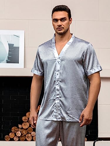 WDIRARA Men's 2 Piece Pajama Set Geo Print Satin Button Down Short Sleeve Sleepshirt With Pants3