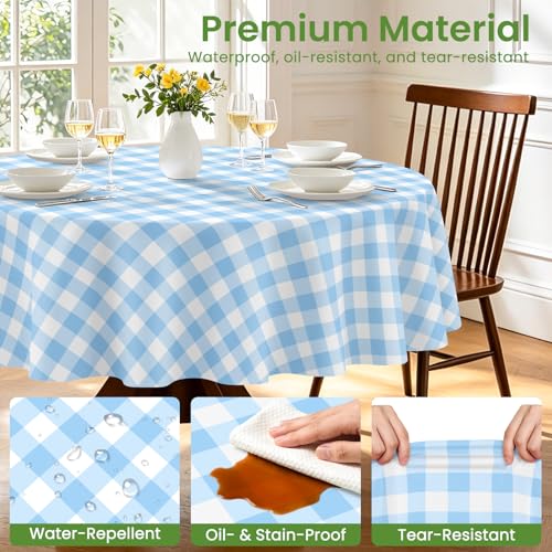 LIKAJON 6 Pack Blue and White Checkered Tablecloth, Round Blue Gingham Plastic Table Cloths for Parties Disposable, 84x84 in Waterproof Camping Tablecloth for Birthday Party Baby Shower Picnic School by LIKAJON - Image 4
