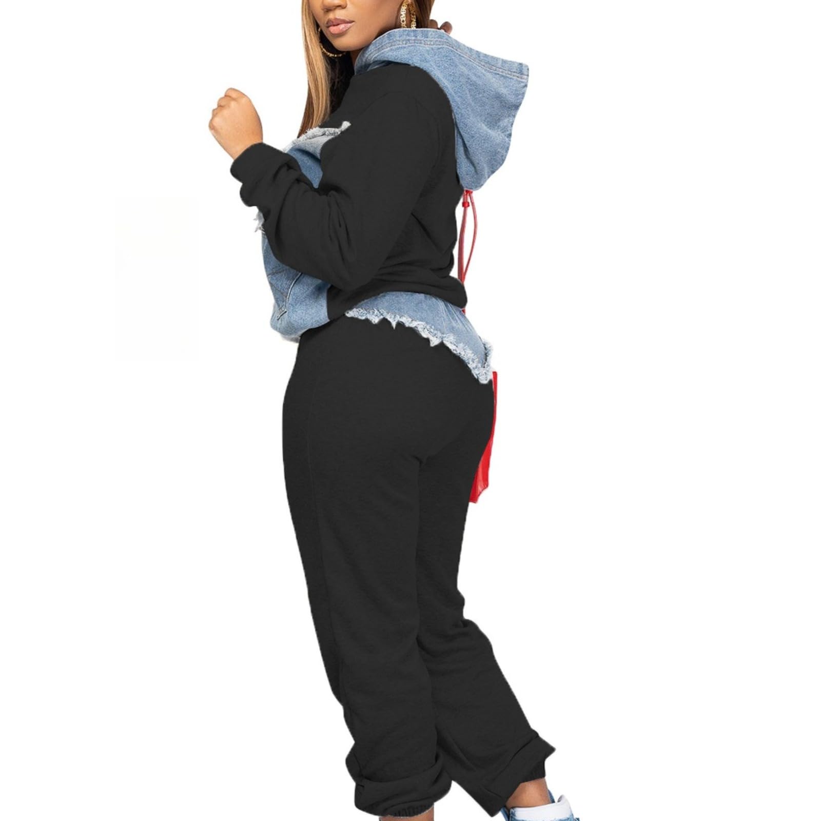Damski zestaw wypoczynkowy plus size denim patchworkowa bluza z kapturem z długim rękawem i spodnie do joggingu postrzępione wykończenie przytulna odzież domowa