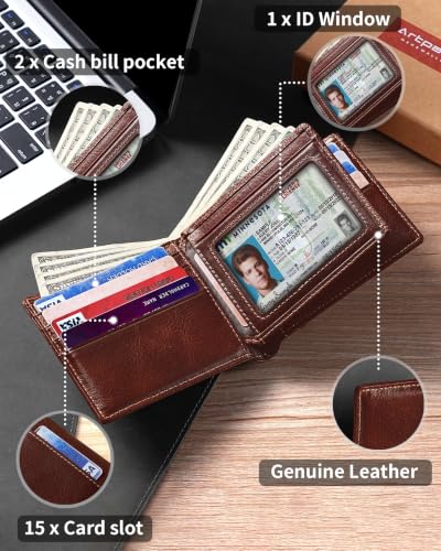 Image of Artpaxy Mens Wallet Bifold Genuine Leather RFID Blocking Wallet for Men with 1 ID Window 15 Card Holders 2 cash pockets 1 Gift Box
