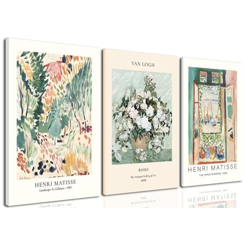 Framed Sage Green Matisse Wall Art Vintage Vin Gogh Flower Market Posters Retro Open Window Canvas Prints Abstract Aesthetic Artwork Painting Picture Decor for Living Room Bedroom12 x16 x3