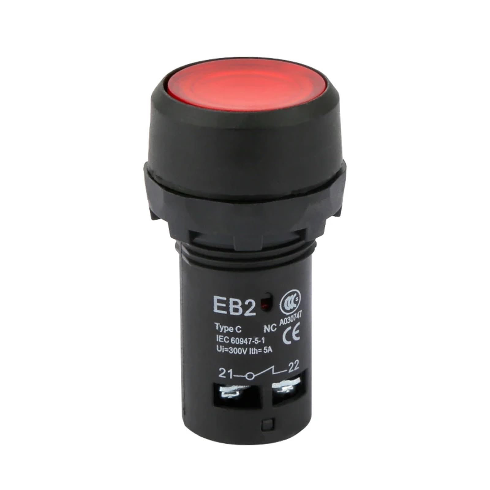 Lot de 5 interrupteurs à bouton-poussoir momentanés EB2-10DN ON-OFF avec témoin lumineux, fixation par 4 vis, découpe ronde plate de 22 mm(Red,Normally closed,DC 24V)
