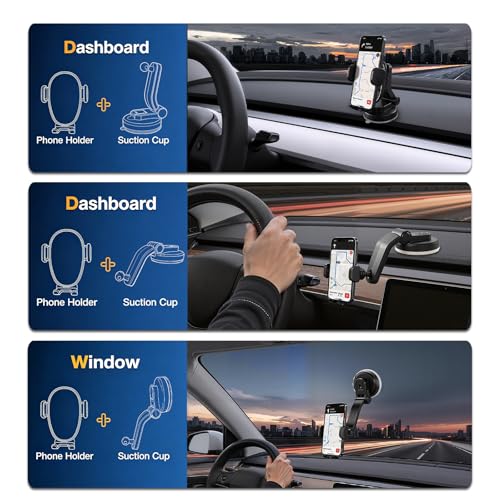 Image of Car Phone Mount, Dashboard Phone Holder and Windshield Mount with One Button Release, Mechanical Clamp, Extendable Arm, 360 Degree Rotation, Washable Gel Suction Cup, Fits Most Smartphones