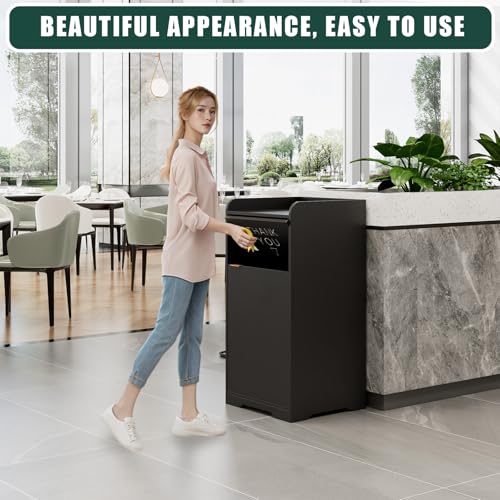 Image of Restaurant Trash Can Cabinet with Tray Holder, 35-Gallon Commercial Indoor for Restaurants, Cafes, Kitchens, and Dining Areas, Durable Garbage Bin with Storage, Black