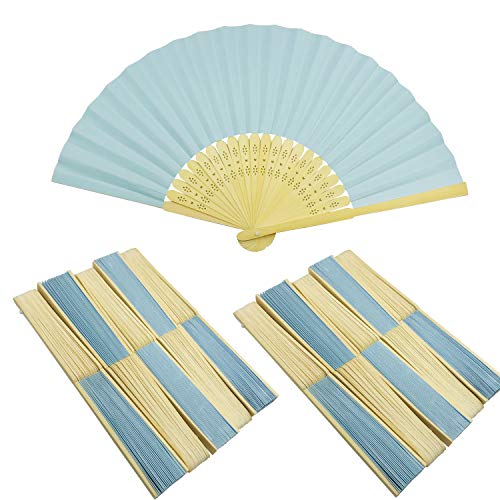Miniatura 7 de Woohome 12 Pz Ventilador De Papel De Bambú Plegable Mano Ventilador Para Decoraciones De Bodas, Fiestas, Bailes, Diy Azul Claro