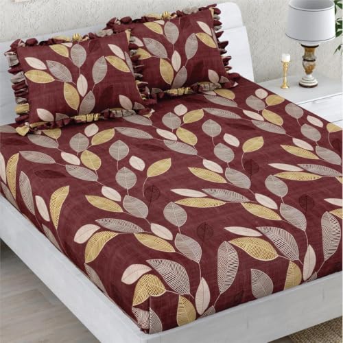 Image of King Size Fitted Bedsheet for Double Bed | 300 TC Cotton Feel Microfiber | All Around Elastic with 2 Frill Pillow Covers | Soft & Durable | (WINEFrill, Fitted - 72 x 78 Inch King)