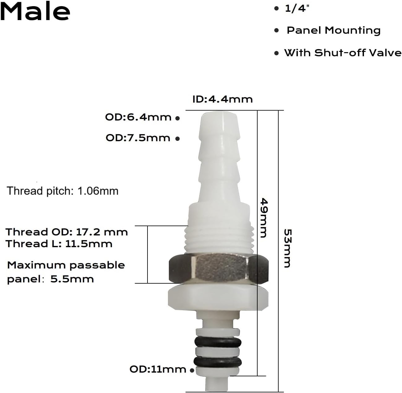 2PCS 1/4" 3/8" 5/16" Plastic Tube in-line Hose Quick Connector with Shut-Off valve, Panel Mounting Quick Release Coupling, Male Quick Connect Barbed Fittings (2x Male Connector)
