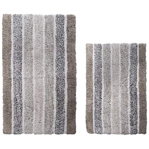 THE BEER VALLEY Alpine Stripe Bath Rug Set of 2- Light Grey, Non Slip Bathroom Mat, 100% Cotton Kitchen Living Room Rugs, Machine Washable, 21x32 & 17x24 Inches Cover
