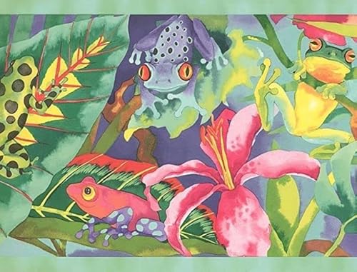 CONCORD WALLCOVERINGS ™ Colorful Wallpaper Border Featuring Watercolor Rainbow Rainforest Frogs, Great for Kids Bedroom or Daycare Playroom, 9 Inches by 15 Feet KZ4370B