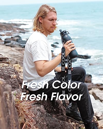 Coolflask Insulated Water Bottle 32 Oz, Water Bottle With Straw And Strap, Metal Stainless Steel Water Flask Double Wall Vacuum Cold For 48 Hrs Hot For 24 Hrs, Ebony #TOP5