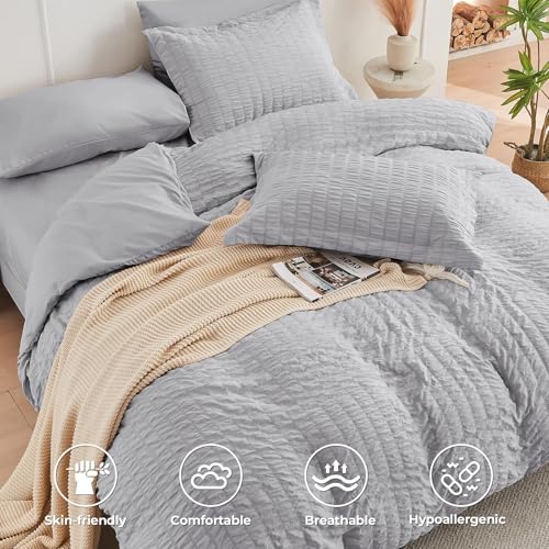 HYMOKEGE Light Grey California King Comforter Set Seersucker 7 Pieces, All Season Luxury Bed in a Bag for Bedroom, Bedding Set with Comforters, Sheets, Pillowcases & Shams by HYMOKEGE - Image 3