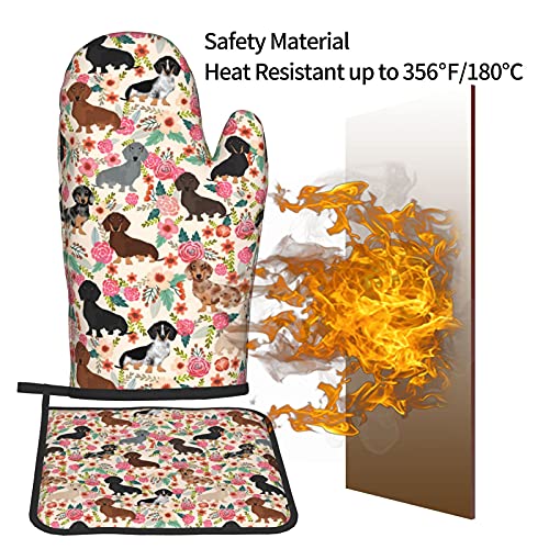 Hitamus Floral Dachshunds Oven Mitts And Pot Holders Sets, Heat Resistant Kitchen Microwave Gloves Non-Slip Pot Pads For Grilling Baking Cooking Bbq (Set Of 2) #TOP4