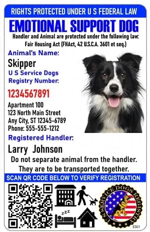 Just 4 Paws Custom Emotional Support ID Card with QR Code & Security Seal and Optional Holograph | Registration to U S Service Dogs Registry Plus ID Holder & Digital ID - Portrait Style