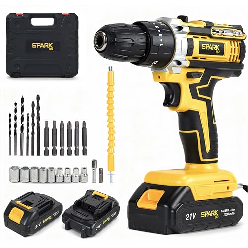 Furadeira Parafusadeira de Impacto SparkBr AMG-PR01 21V com 26 Acessórios, 2 Baterias, LED, Maleta Profissional Recarregável