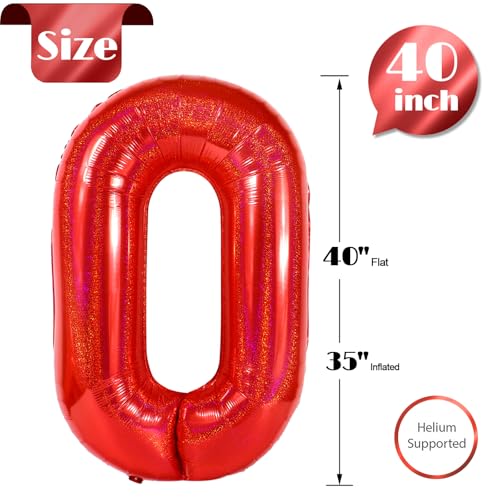 Image of Laser Red Number Balloon 40 Inch, 0 Number Balloons, 10 20 30 40 50 Numbers Balloon Birthday Decorations, Party Supplies for Women
