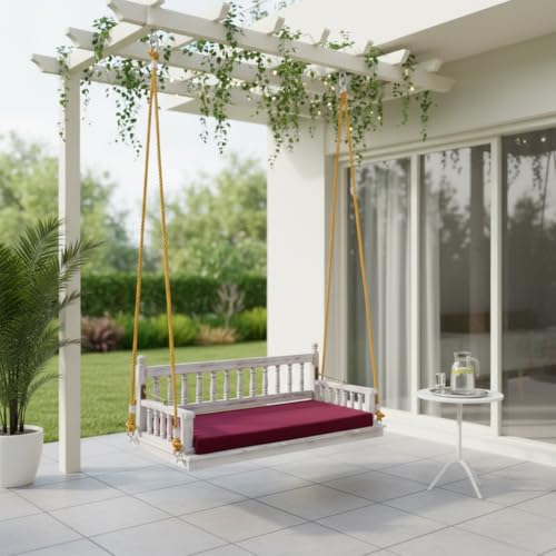 Image of APRODZ Swing for Home Reversible Sheesham Wooden Jhula for Adult for Home | Wooden Swing for Balcony | Hanging Swings with Brass Coated Chain | Patio 3 Seater Indoor /Outdoor, White