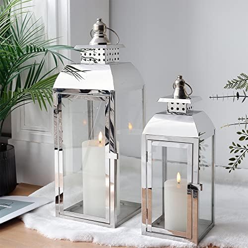 JHY DESIGN Stainless Steel Hanging Candle Lanterns, 52cm&38cm High Set of 2 Pagoda Candle Lanterns Large Candle Holder for Indoor Party Wedding Living Room Graden Entryway Outdoor Balcony(Silver)