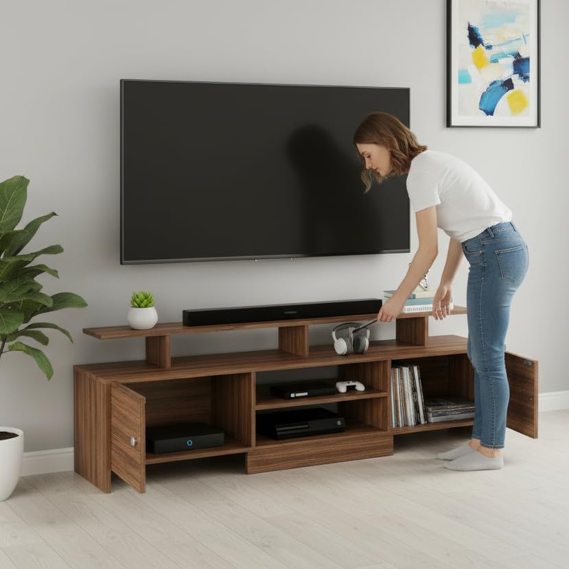 Image of FURNEASER KSV Modern TV Unit for Living Room | Engineered Wood TV Cabinet with Storage Shelves | Entertainment Center TV Stand for Home (Fits Up to 65 Inch TV) | DIY Space Saving (Exotic Teak)