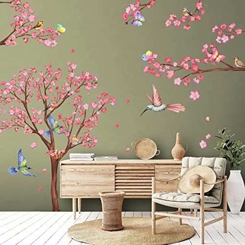 Decalmile Grand Sticker Mural Fleurs De Cerisier Rose – Autocollant Floral Avec Branches, Oiseaux Et Arbre Pour Chambre, Salon Ou Chambre D'Enfant