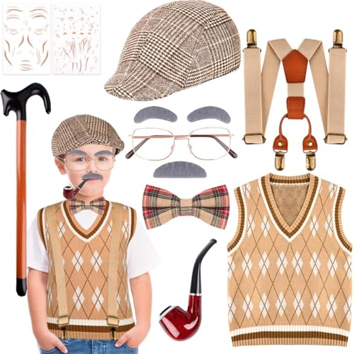Matiniy Old Man Costume Grandpa Cosplay Accessories Set for Halloween Dress Up Supplies (Khaki, 8-9Y