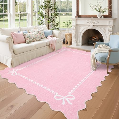 GarveeHome Scalloped Bow Rug for Living Room, Solid Pink Rug