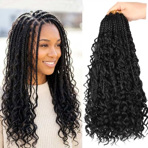 8 Packs Goddess Box Braids Crochet Hair 16 Inch Crochet Box Braids with Curly Ends Boho Bohemian Braids Crochet Braid Hair for Women (1B, 16 inch 8 pack)