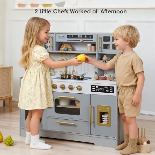 Wooden Play Kitchen for Kids – Pretend Play Kitchen Set with Realistic Stove, Sink, Coffee Maker, Ice Maker, Toy Kitchen Toddlers Ages 3+