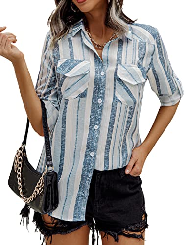 Zeagoo Women's Casual Stylish Striped V Neck Button Down Roll Up Sleeve Blouses Shirts Tops S-2Xl Grey Xxl #TOP10