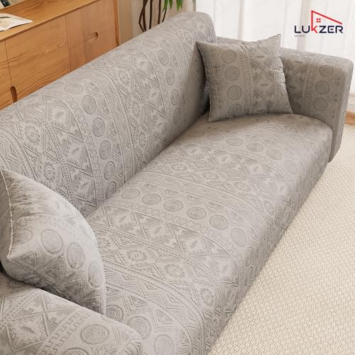 Image of Lukzer 1 Seater Pastel Light Grey Tribal Pattern Sofa Cover | 240 GSM Universal Stretch Fit Jacquard Fabric Couch Protector | Fully Covered Anti Slip & Washable Sofa Cover (90-140cm /SC-072-01)