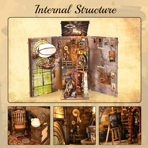 TOYQI Book Nook Kit for Adult, DIY Miniature Dollhouse Kit, Airship Model | 3D Wooden Puzzle Booknook with LED Light, Diorama Building Bookshelf Decor, Steampunk, Ideal Gift for Christamas - image 4