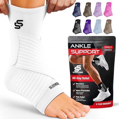 Sleeve Stars Ankle Brace for Women & Men, Ankle Wrap for Sprained Ankle, Compression Sleeve for Plantar Fasciitis Relief, Easy Customizable Support: w/Removable Strap (Single/S:9"-10"/White)
