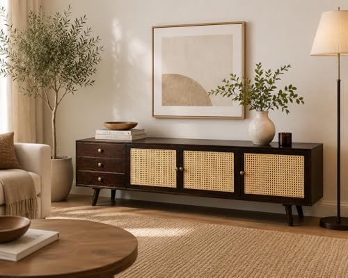 Image of Premium Solid Wood, 10 Minutes Assembly (Legs Only), Aesthetic Rattan Doors, Mid Century Entertainment Center for Living Room, TV Stand for 65 inch TV, Dark Chocolate (Dark Walnut)