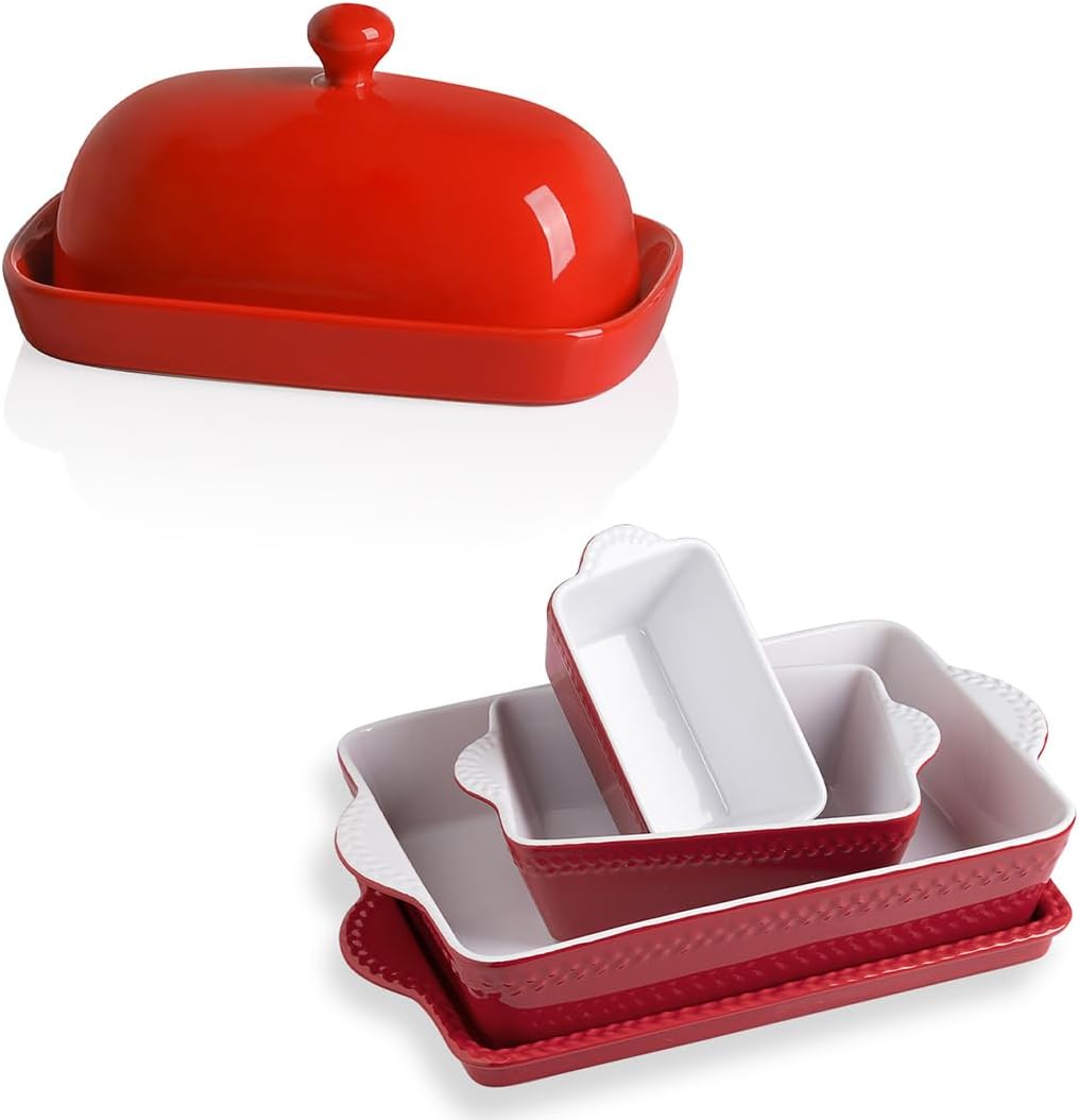 Sweejar Butter Dish with Lid and Baking Dish Lasagna Pans with Trivet(Red)