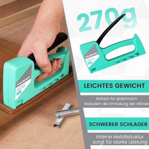 HAUSHOF Handtacker Tackerpistole Grün, Polsterung Heftpistole Holztacker für Klammern Typ 53, mit 800 Klammern 8mm und Klammerentferner für Holz, Stoff, Möbel