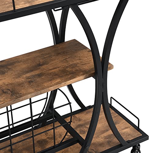 Calabash Industrial Serving Bar Cart With Storage,3 Tier Shelf Wooden Metal Rustic Freestanding Floor Wine Coffee Rack,Modern Home Portable Mini Bar Liquor Cart (33.66") #TOP4